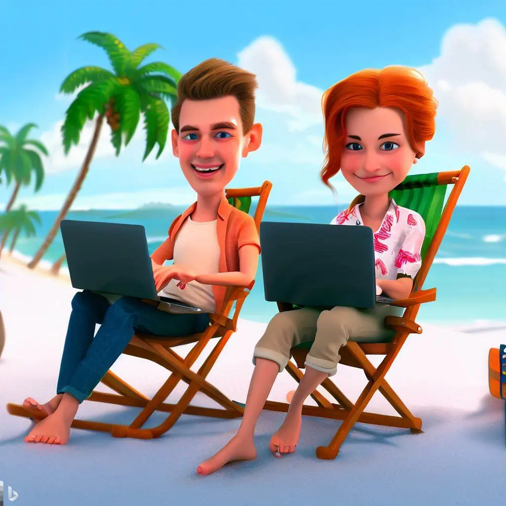 A happy couple sitting on beach working on a laptop