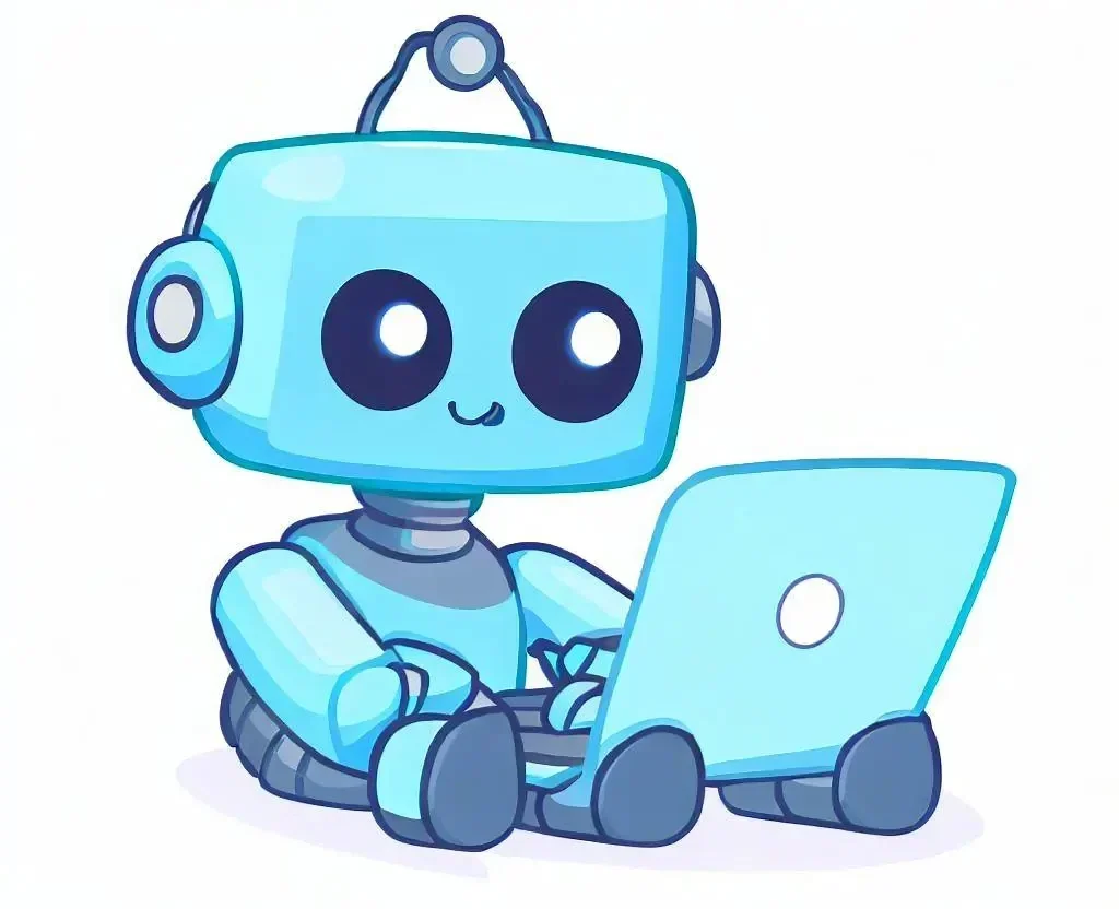 a cute robot working on a laptop