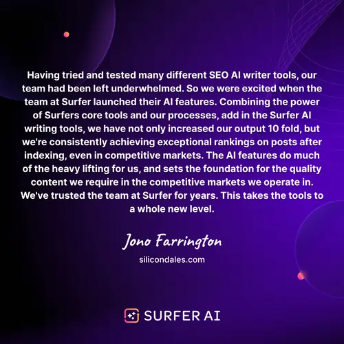 Surfer AI Testimonial from Jono Farrington