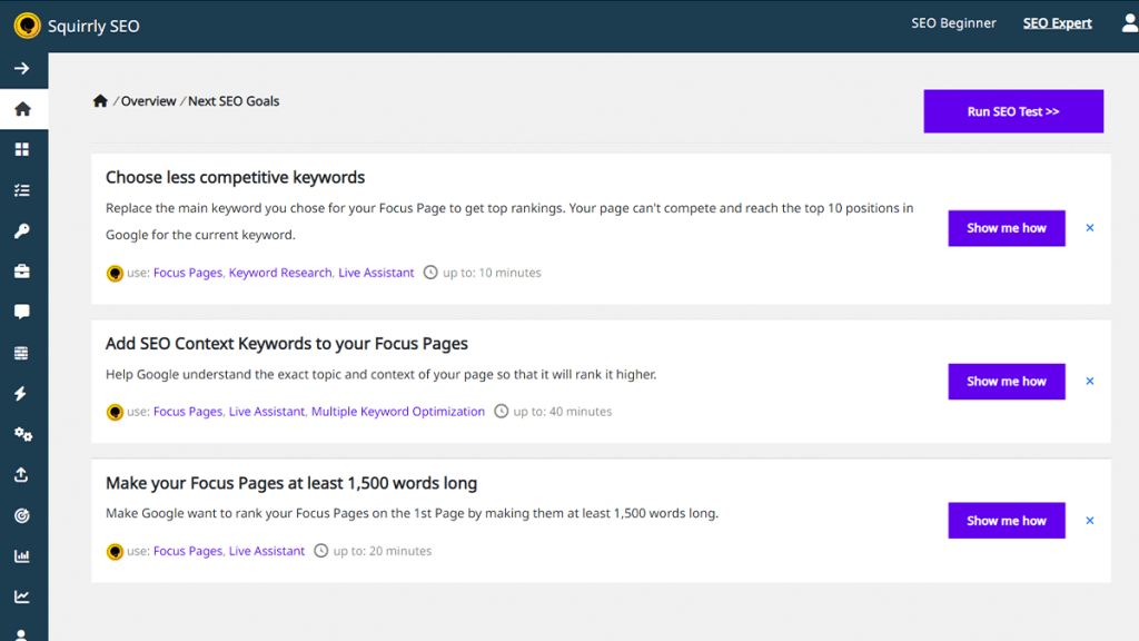 Screenshot of Squirrly SEO's dashboard displaying next SEO goals for optimizing WordPress sites