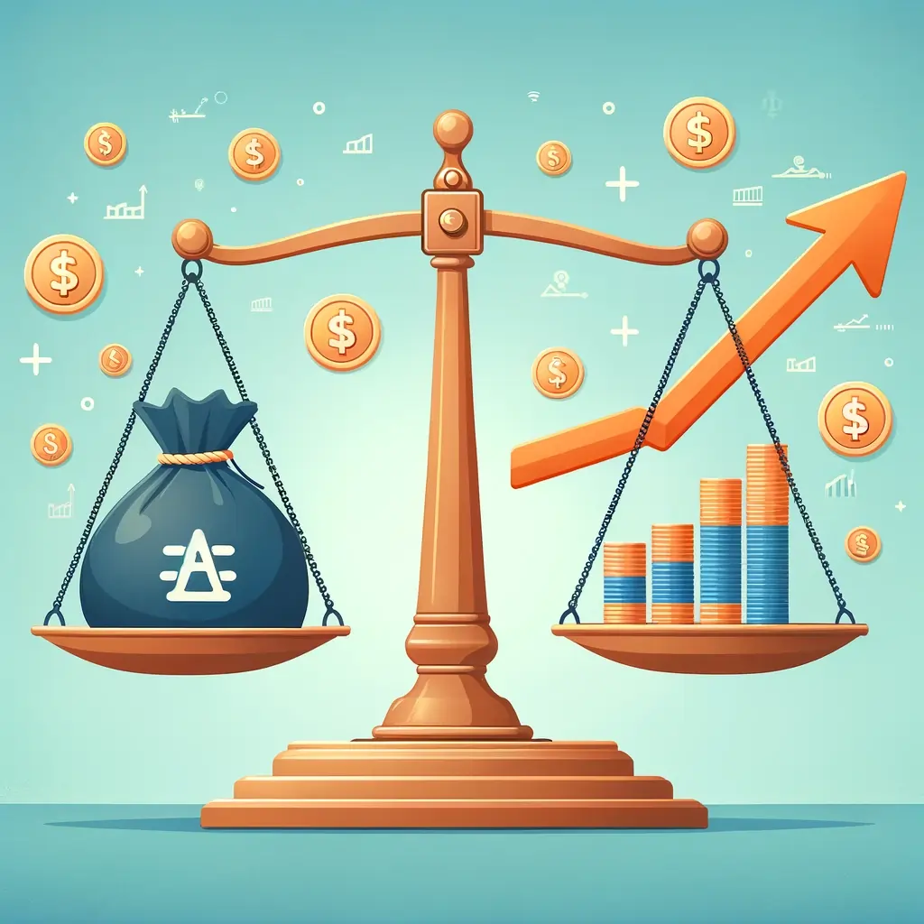 Dynamic image of a balance scale with coins on one side and a growth arrow on the other, depicting the successful optimization of affiliate marketing strategies.