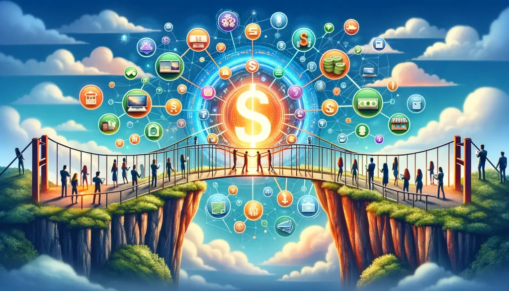 Metaphorical bridge connecting affiliates with diverse digital devices to merchants with storefronts, symbolizing partnership in affiliate marketing.