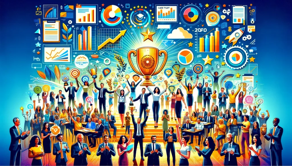 Collage of diverse, successful affiliate marketers with symbols of success against a backdrop of case study elements.