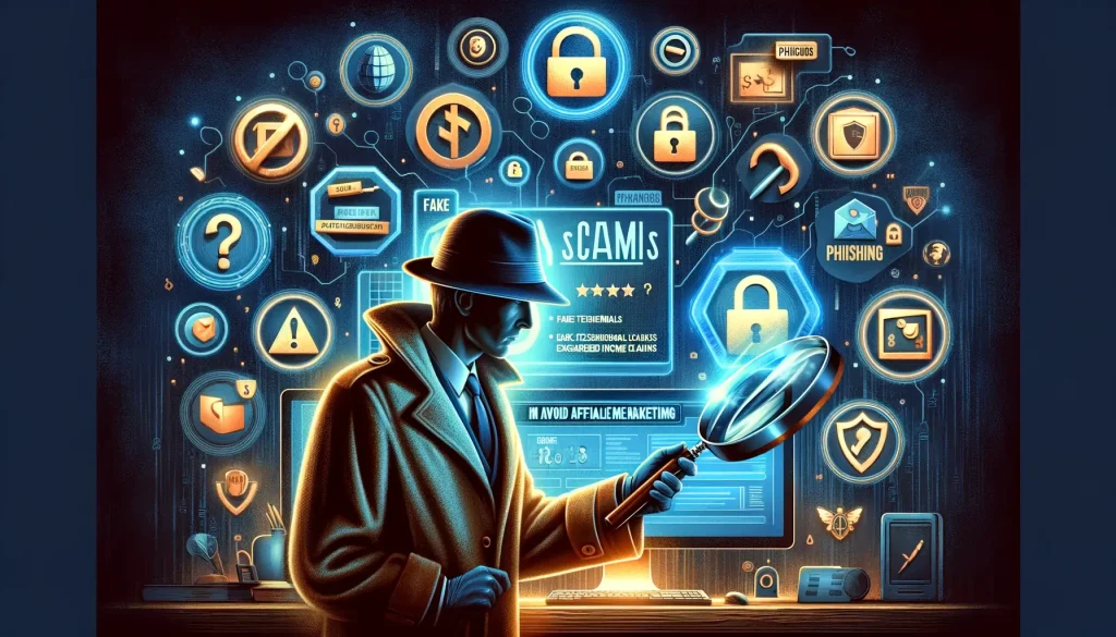Digital detective examining a screen with scam symbols, surrounded by digital security elements, symbolizing scam prevention in affiliate marketing.