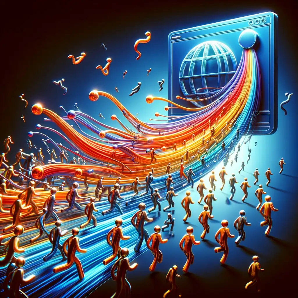 Streams of abstract human figures flowing towards a stylized web page, symbolizing the influx of website visitors in affiliate marketing
