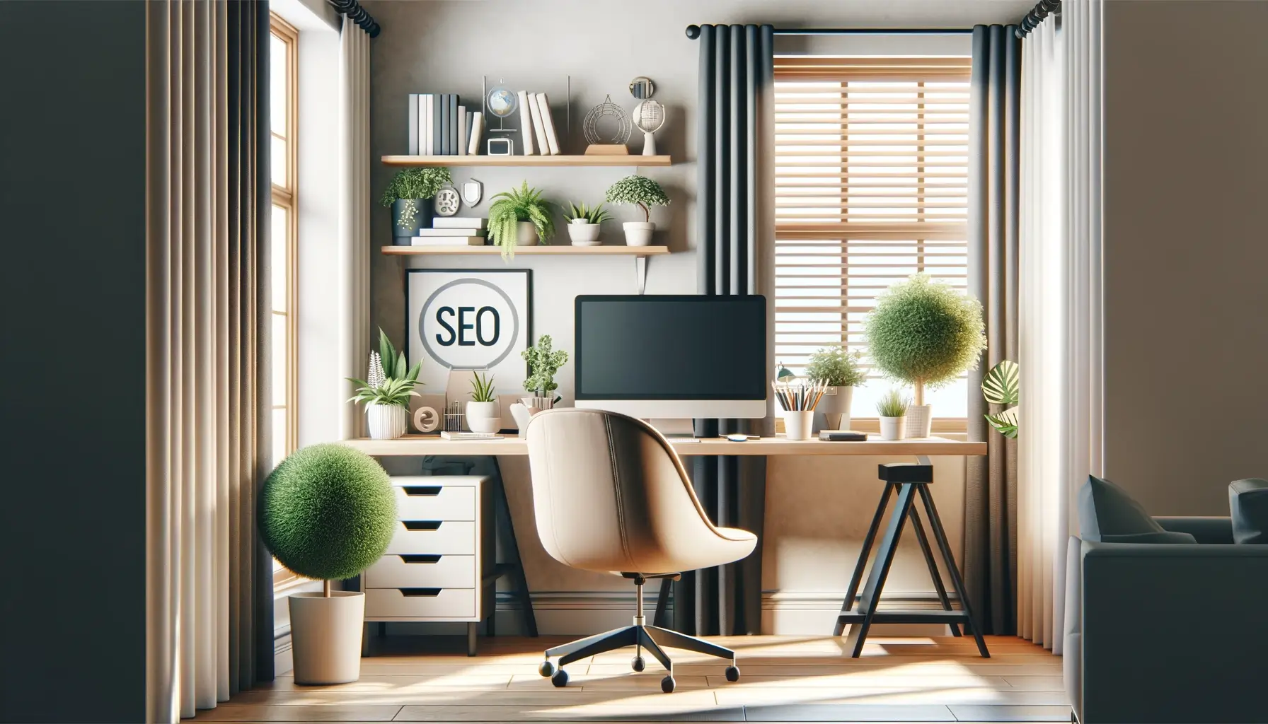 Elegant home office setup with a sleek modern desk, computer, comfortable chair, and decorative plants. A bright window invites daylight in, highlighting a shelf with books on affiliate marketing and SEO, creating an inviting workspace for online business management.
