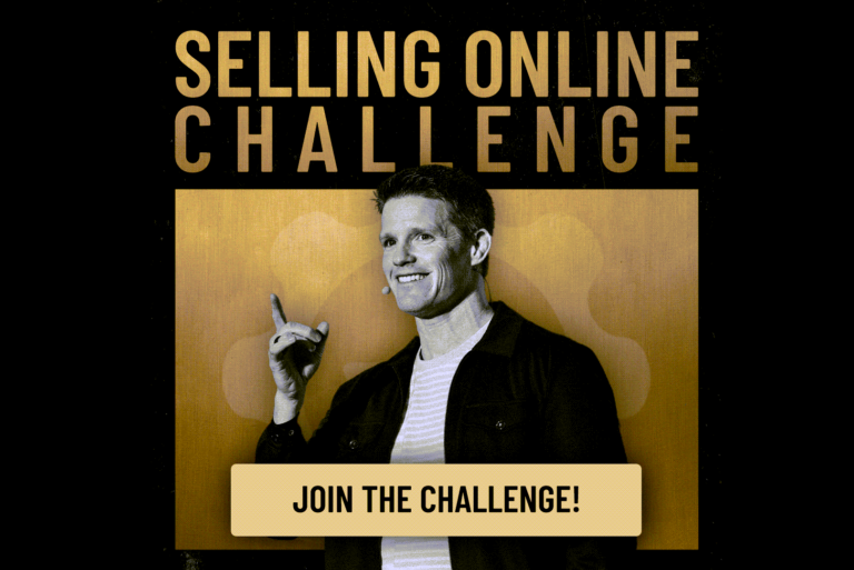 A promotional graphic for the "Selling Online Challenge" featuring bold text that says, "A Once-In-A-Lifetime Opportunity To Dramatically Level-Up Your Sales Skill Set!" with "Selling Online Challenge" prominently highlighted in gold. The image includes a picture of Russell Brunson in a circular frame and the SellingOnline.com logo at the bottom, set against a background collage of people and events in black and white.