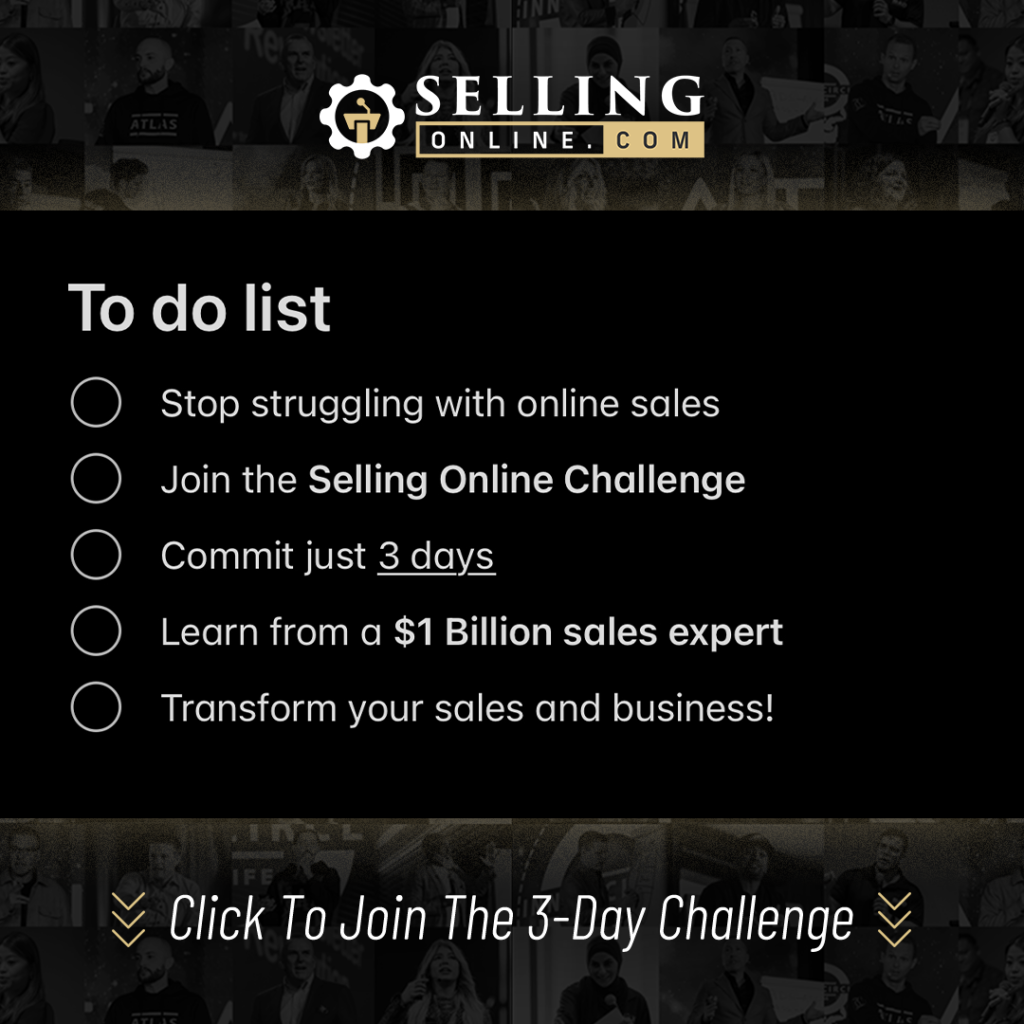 A to-do list graphic promoting the Selling Online Challenge with tasks like stopping online sales struggles, committing three days, and learning from a $1 billion sales expert, accompanied by a CTA to join the challenge.