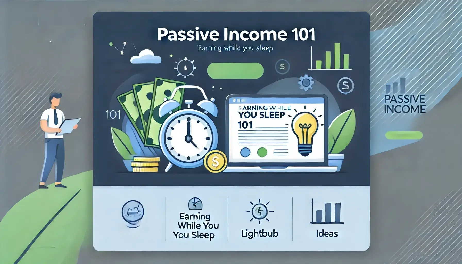 A professional and modern featured image for a blog post about passive income, featuring a clean blue and green gradient background with icons of money, a clock, and a lightbulb, blended seamlessly for a minimalistic and visually appealing design.